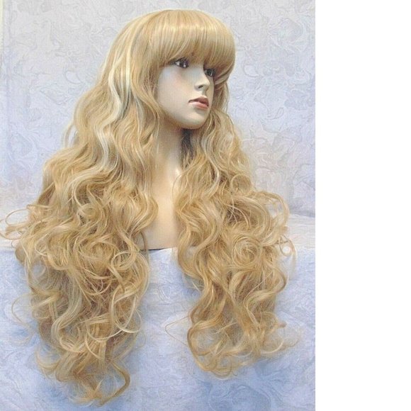 LONG Blonde Highlighted Curly Wig With Bangs main image 12